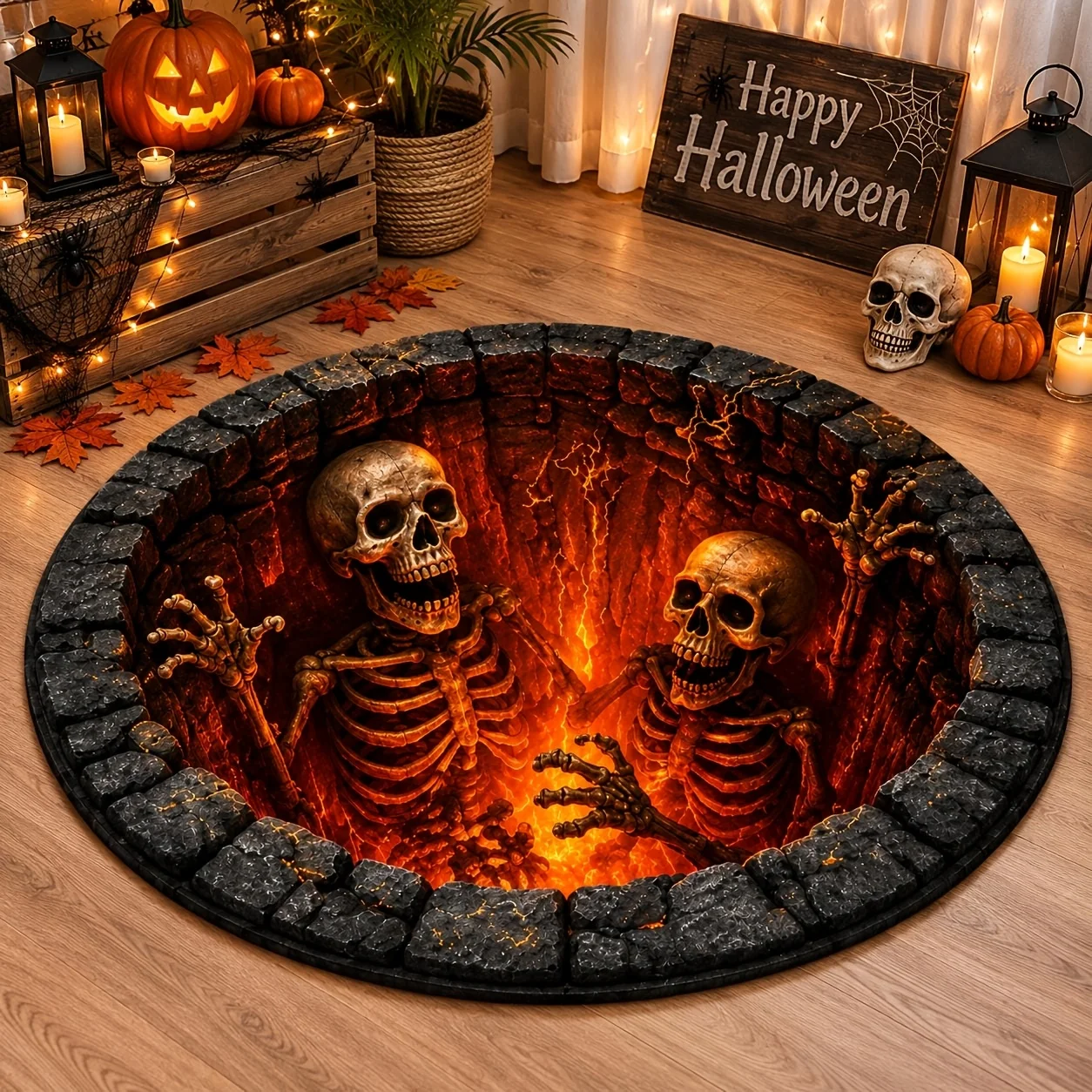Halloween Stone Staircase Round Area Rug Gothic Castle Door Black Cat Pumpkin Circular Carpet Soft Indoor Floor Mat for Entryway