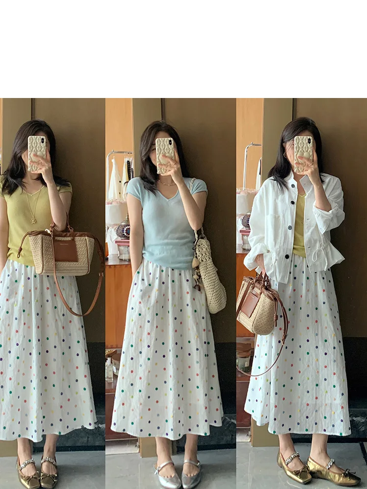 

Летняя корейская юбка-полусолнце с вышивкой, 100% хлопок, в горошек, с волнообразным узором, на резинке, повседневная женская юбка-трапеция