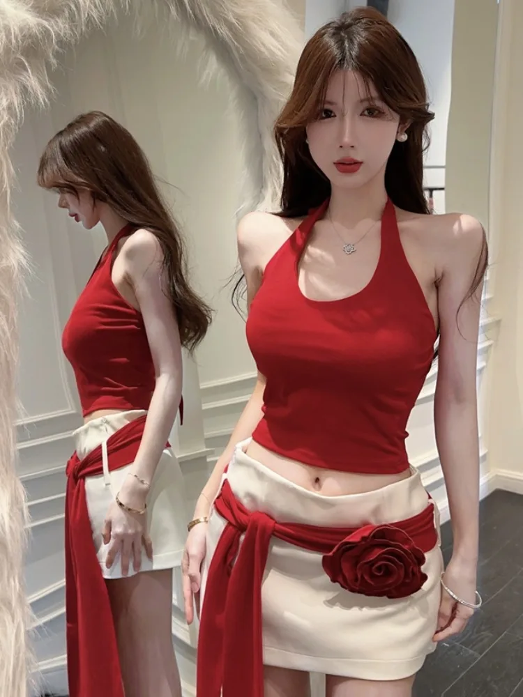

Summer Pure Desire Style Women's Floral Halter Top And Skirt Set Slimming Two-Piece Suit Korean Version Backless Hollow out