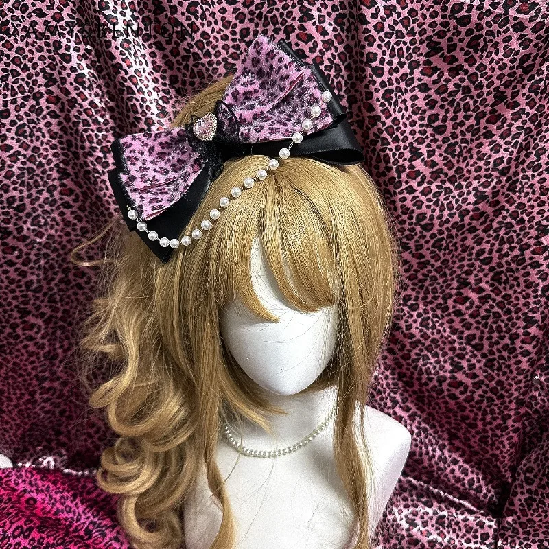 

Заколка для волос в стиле панк Y2K с леопардовым принтом, кружевом, бантом и жемчужным кулоном, в стиле готической субкультуры и ретро-лолиты