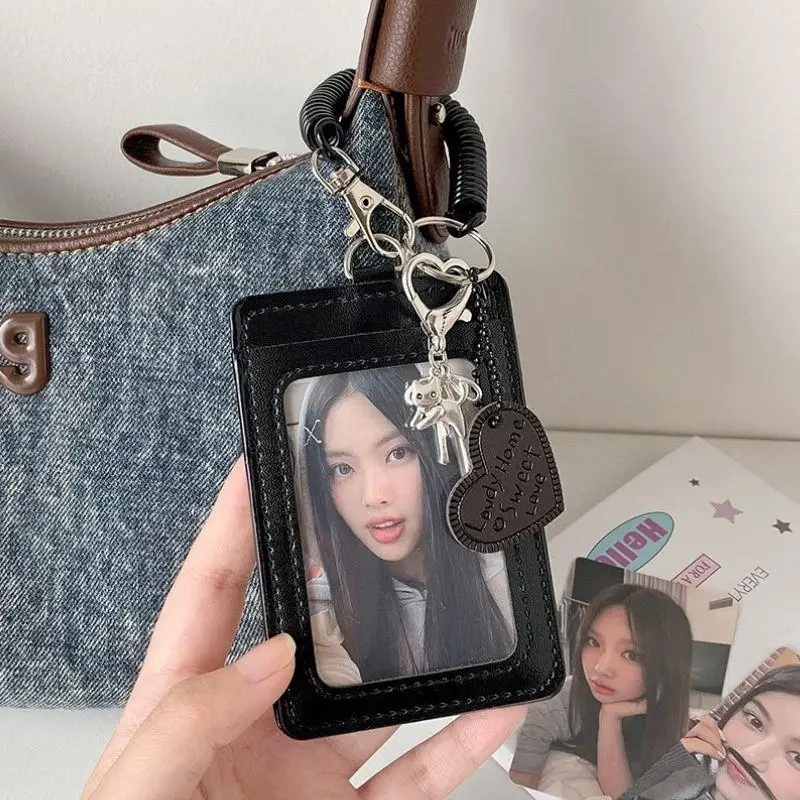 

INS Style PU Card Holder Student ID Card Storage Protective Cover Idol Photocard Holder Black Card Cover Silver Cat Bow Pendant