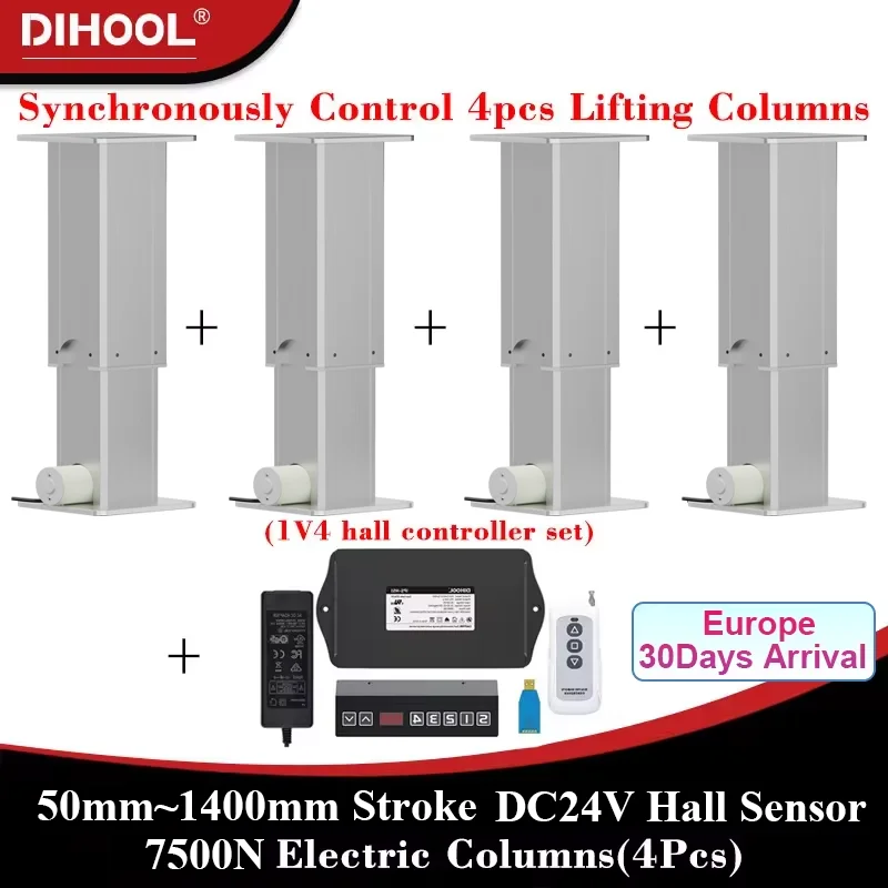 8000N 4Pieces Electric Lifting Columns with Synchronous Control Hall controller Set(1V4) 50MM~1400MM Stroke 800kg Load 25MM/S