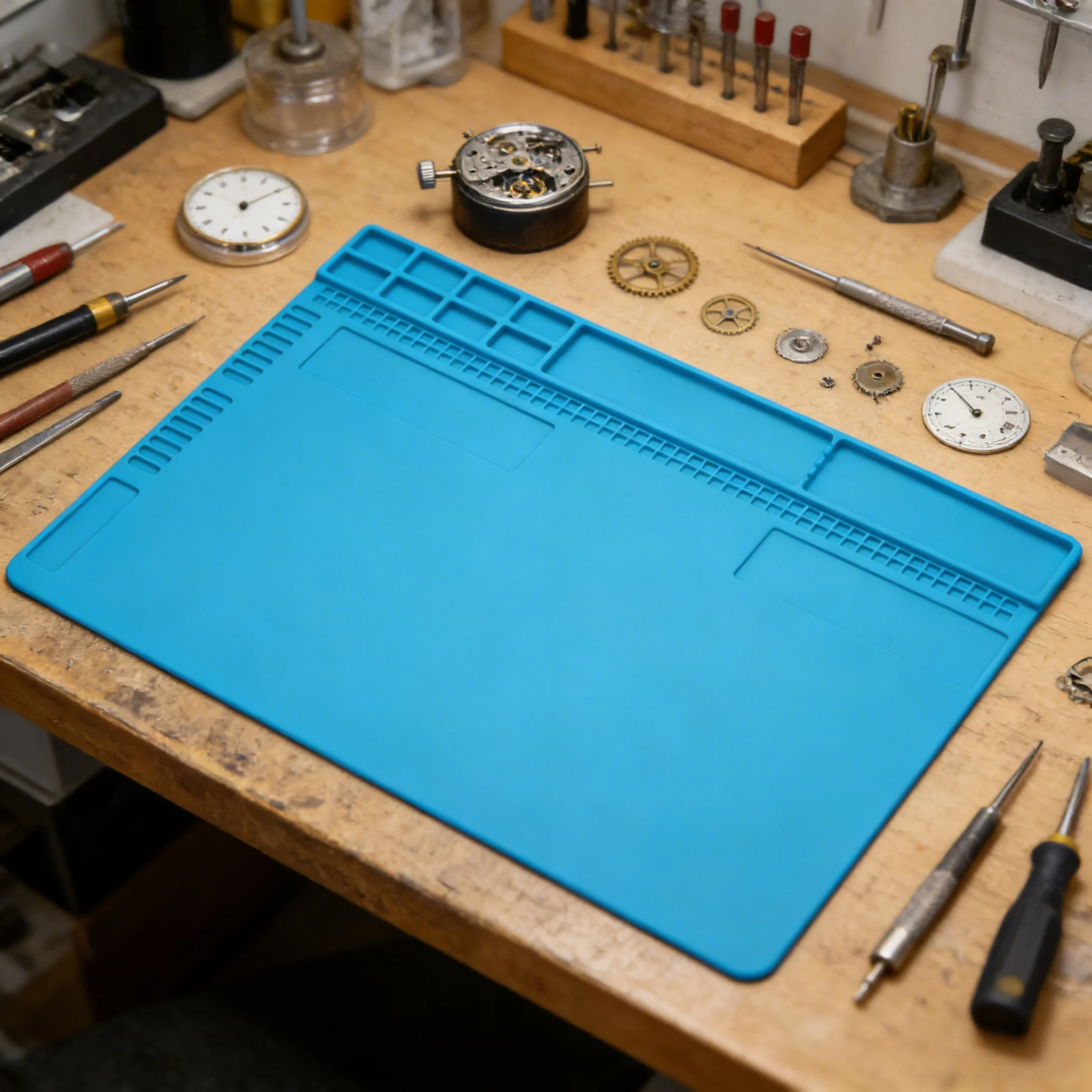 Blue Large Silicone Work Mat Non-Slip Rubber 13.8"x9.8" Heat Resistant Work Pad with Screw Slots & Parts Organizer view 6