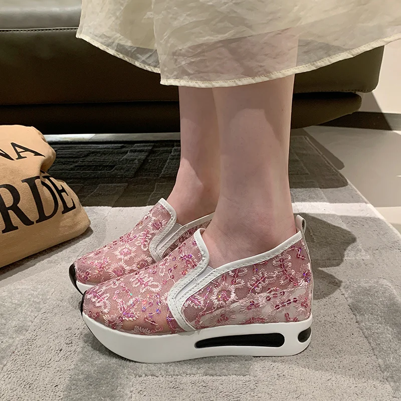 Female Wedge Shoes Sequin Mesh Breathable Shoes Women White Gold Platform Sneakers Women Height Increasing Wedges Shoes Casual