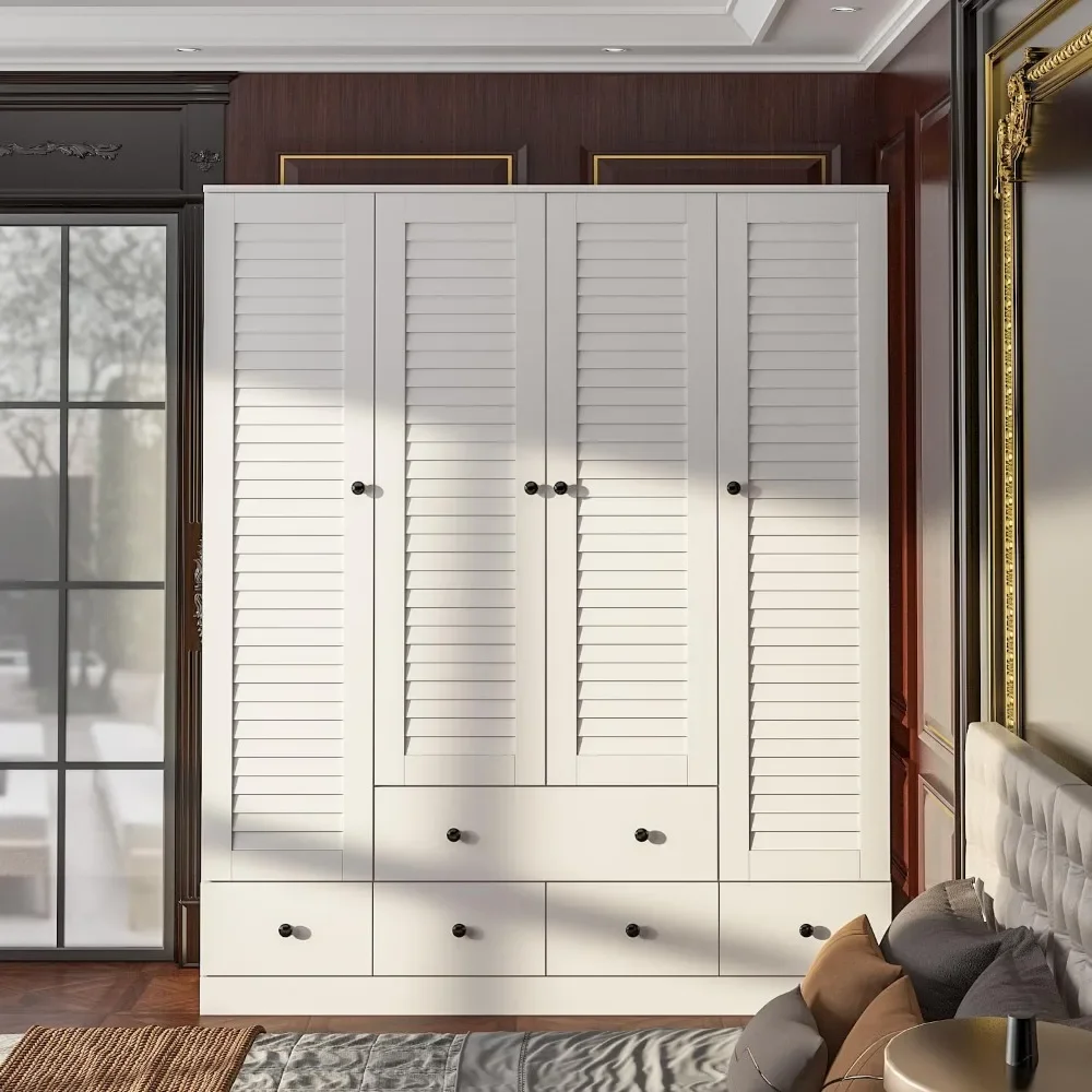 Large Wardrobe Armoire with Multi-Tier Shelves,5 Drawers,Hanging Rod 4 Louver Doors,Wooden Closet Storage Cabinet Bedroom,White