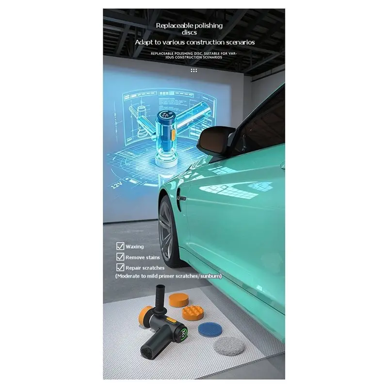 Portable Car Buffer Waxer Polisher Kit Cordless 2000Mah USB-C Rechargeable Battery, Waxing Tool 3Pcs Disc Included view 5