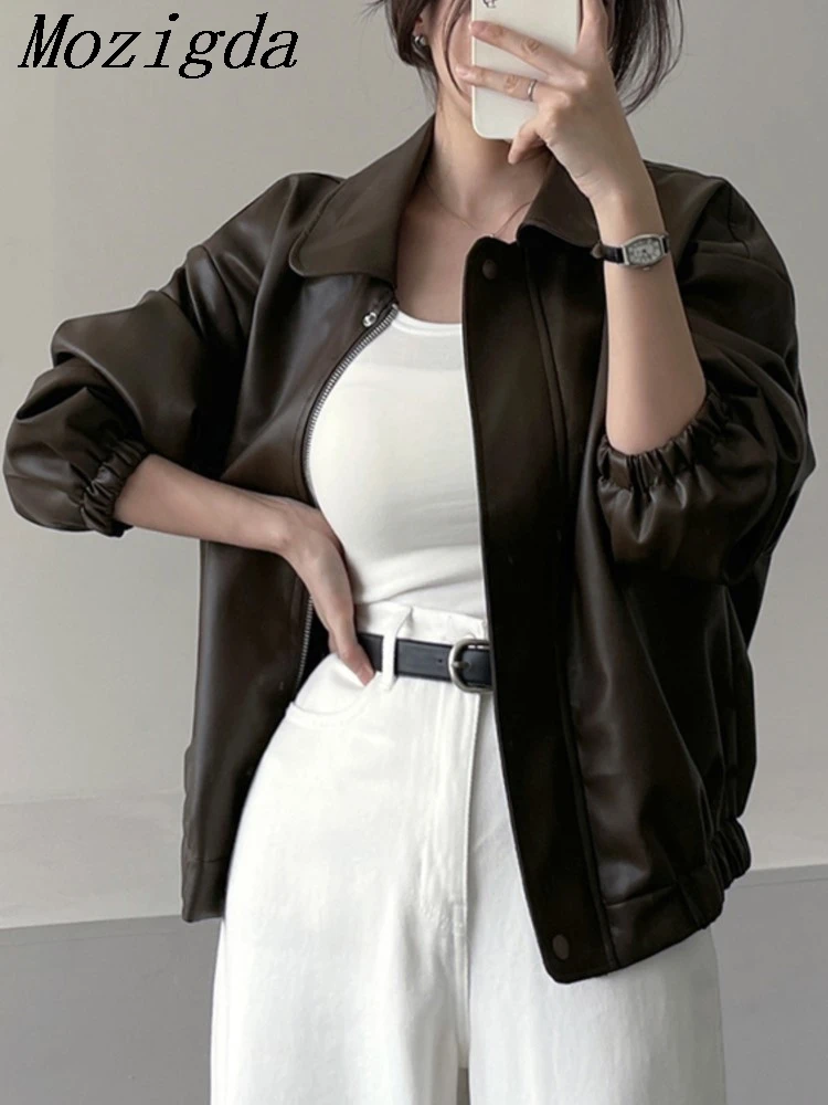ريترو شيك بولي Leather الجلود السائق Jaet المرأة فضفاضة تناسب الياقات ort ملابس خارجية خمر Sle طويلة Sve سستة إغلاق معطف