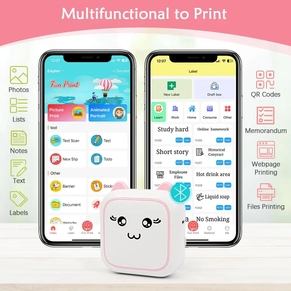 thermal printer with 13 rolls of paper, Bluetooth mini cute printer used for storing notes, photos, stickers, labels, receipts