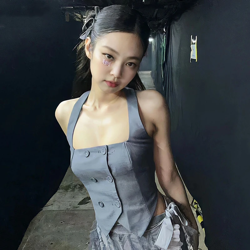 Kpop Clothing Korean Singer Dancer Costume Halter Neck Tops Gray Sexy Vest Jazz Dance Performance Wear Concert Stage Wear JL5527