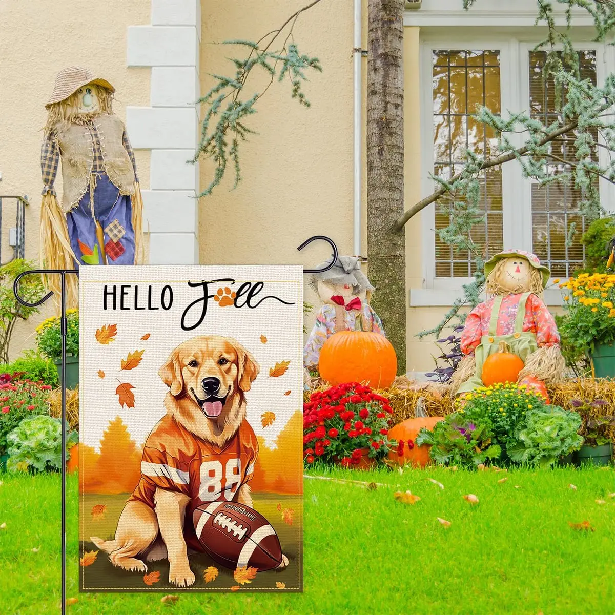 Balgardekor Football Fall Golden Retriever Garden Flag For Outside Welcome Burlap Flag Fall Decorations Outdoor Dog Thanksgiving