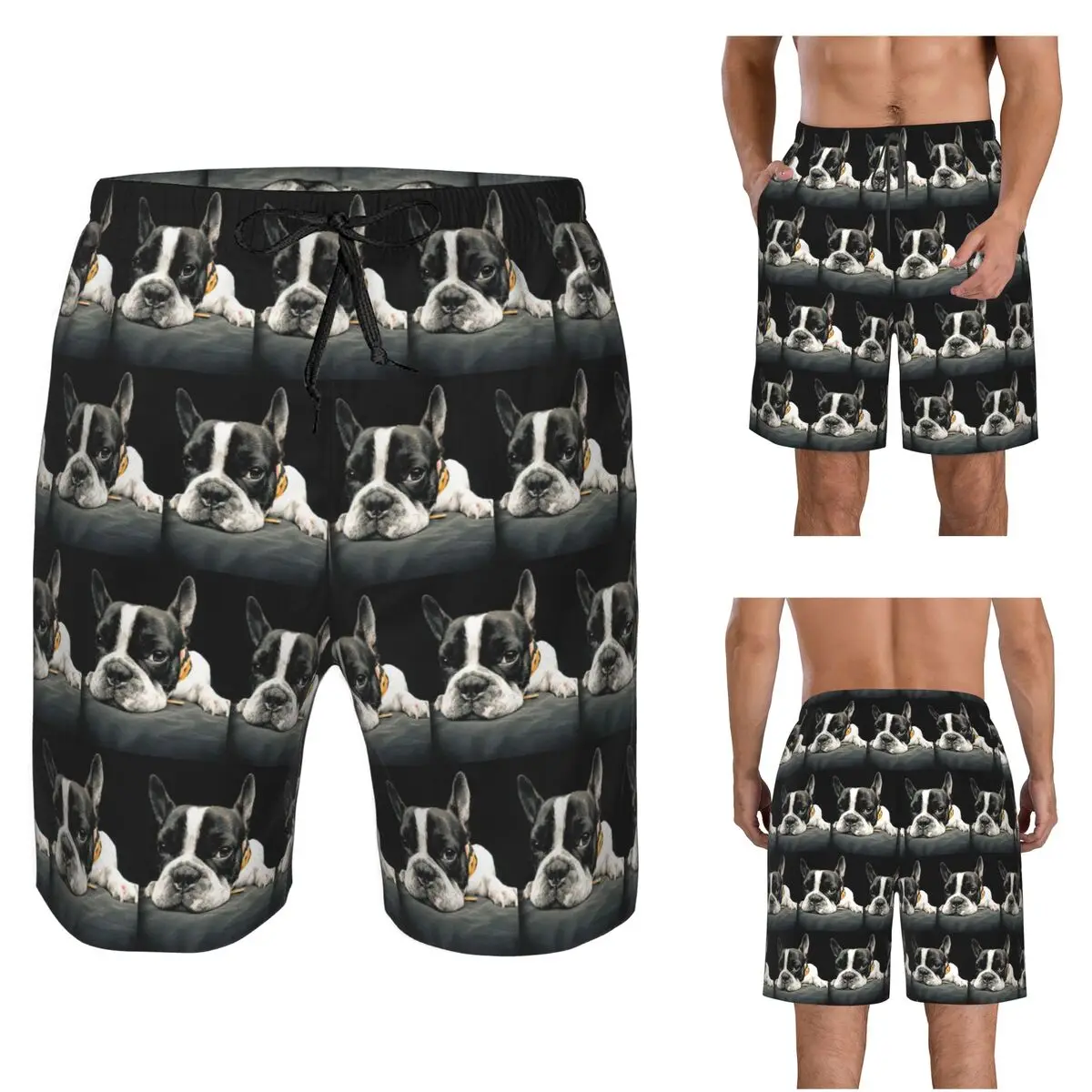 Black Boston Terrier Trunks Beach Board Shorts Casual Quick Dry Swim Summer Men Pants