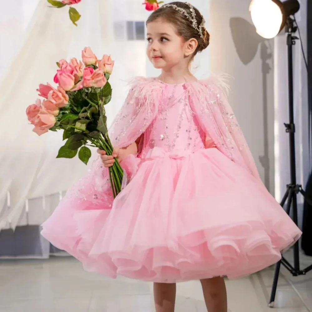 

Pink Cloak Sleeves Flower Girls Dresses Pageant Sequins Crystal Baby Puffy Ruffles Feathers Cute First Communion Bridesmaid Gown
