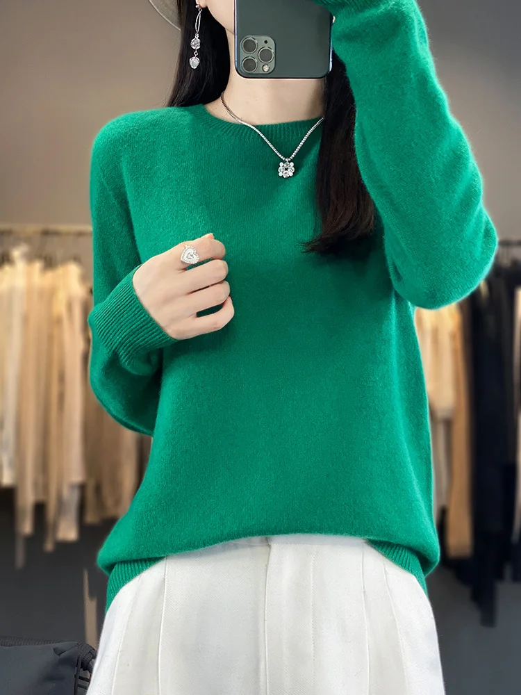 2024 New Women\'s O-Neck Long Sleeve Cashmere Pullover Sweater 100% Merino Wool Knitwear Female Clothing Autumn Winter Tops