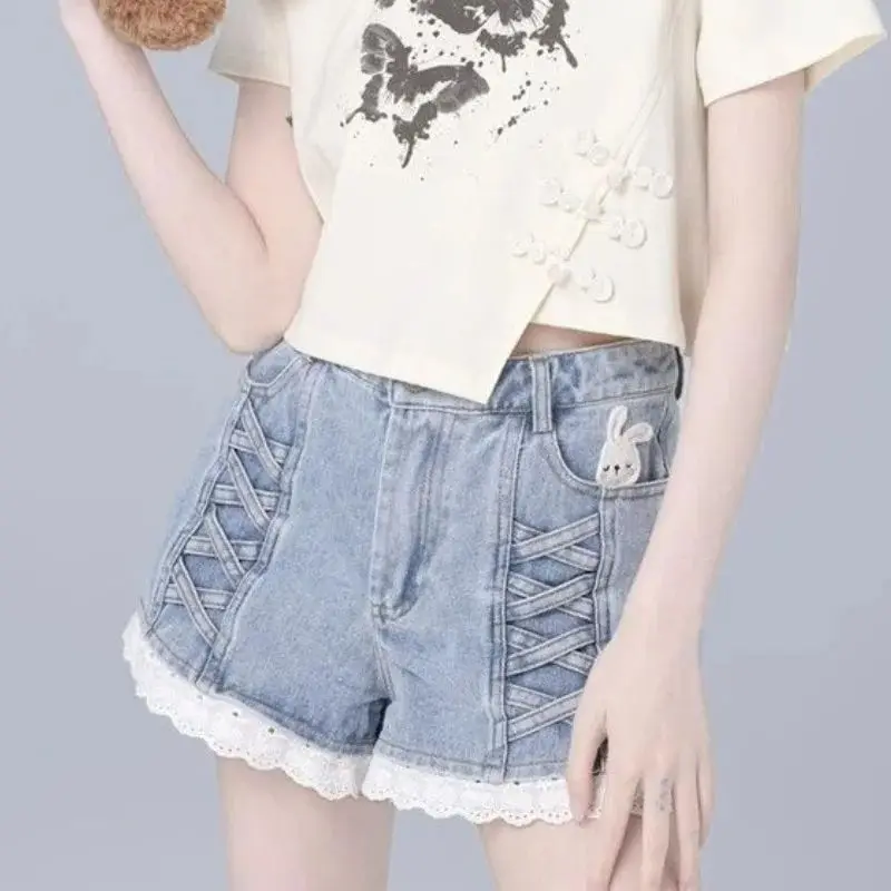 

Women's Blue Denim Shorts with Lace Edge Y2K Korean Edition Harajuku High Street Aesthetic High Waist Retro Jeans Shorts Clothes