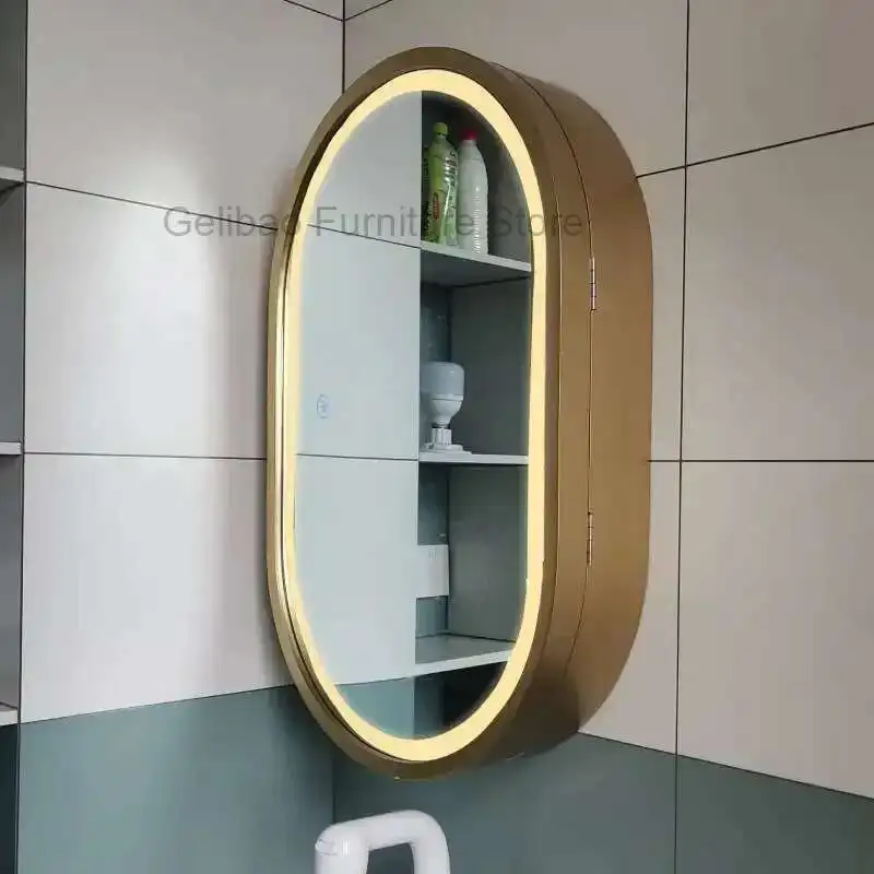 Oval Bathroom Mirror Cabinet Storage With Light Wall Mounted Bathroom Decor Apply Shower Makeup Banheiro Decorative Gold Led