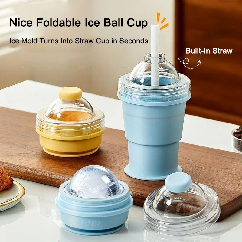 2-in-1 Collapsible Silicone Ice Ball Cup Reusable Ice Sphere Maker with Straw & Lid Portable Freeze Mug for Coffee Tea Juice