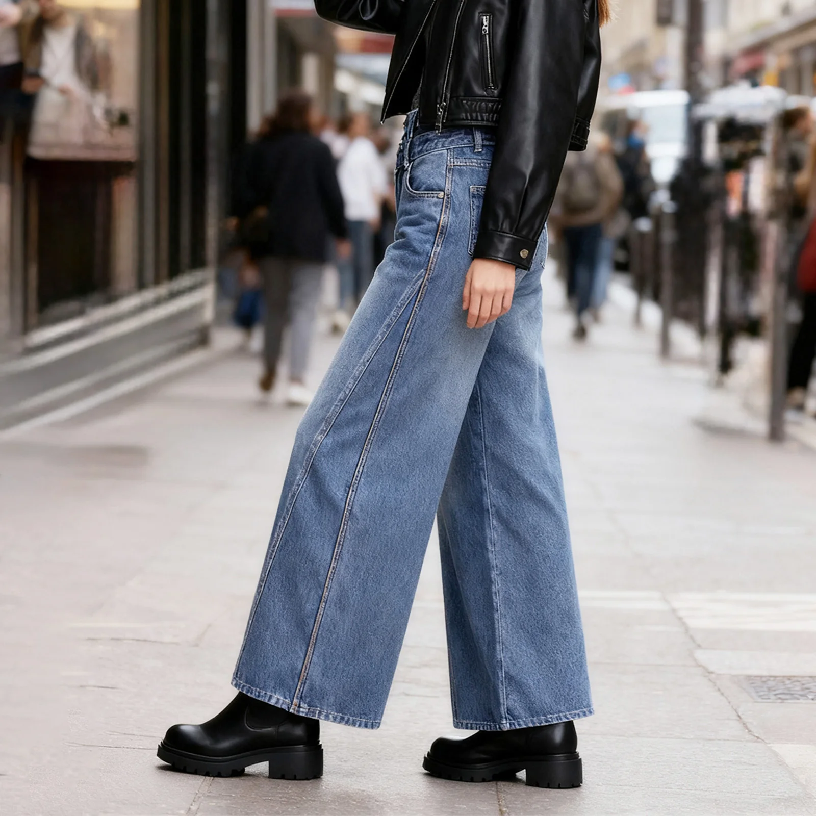 بنطال جينز نسائي أساسي مع جيوب بتصميم أنيق بخصر مزدوج كاجوال عالي الارتفاع وواسع الساق من قماش الدنيم #6