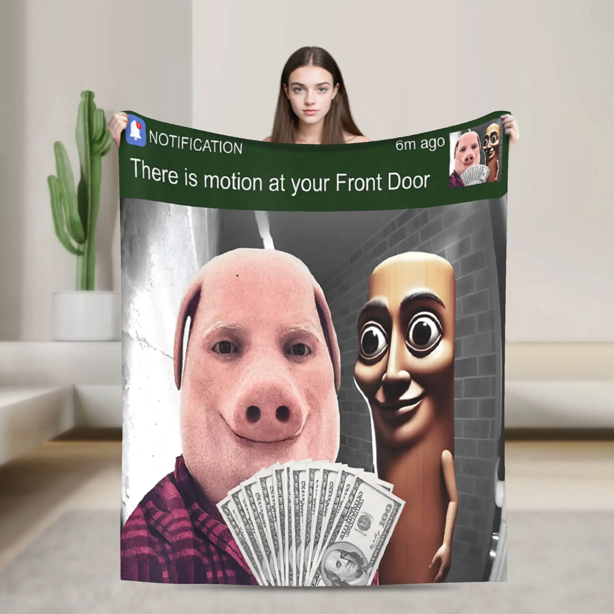 John Pork and Tung Tung Tung Sahur Front Door Motion Funny Fleece Throw Blanket  Blankets for Sofa Bedroom Warm Quilt