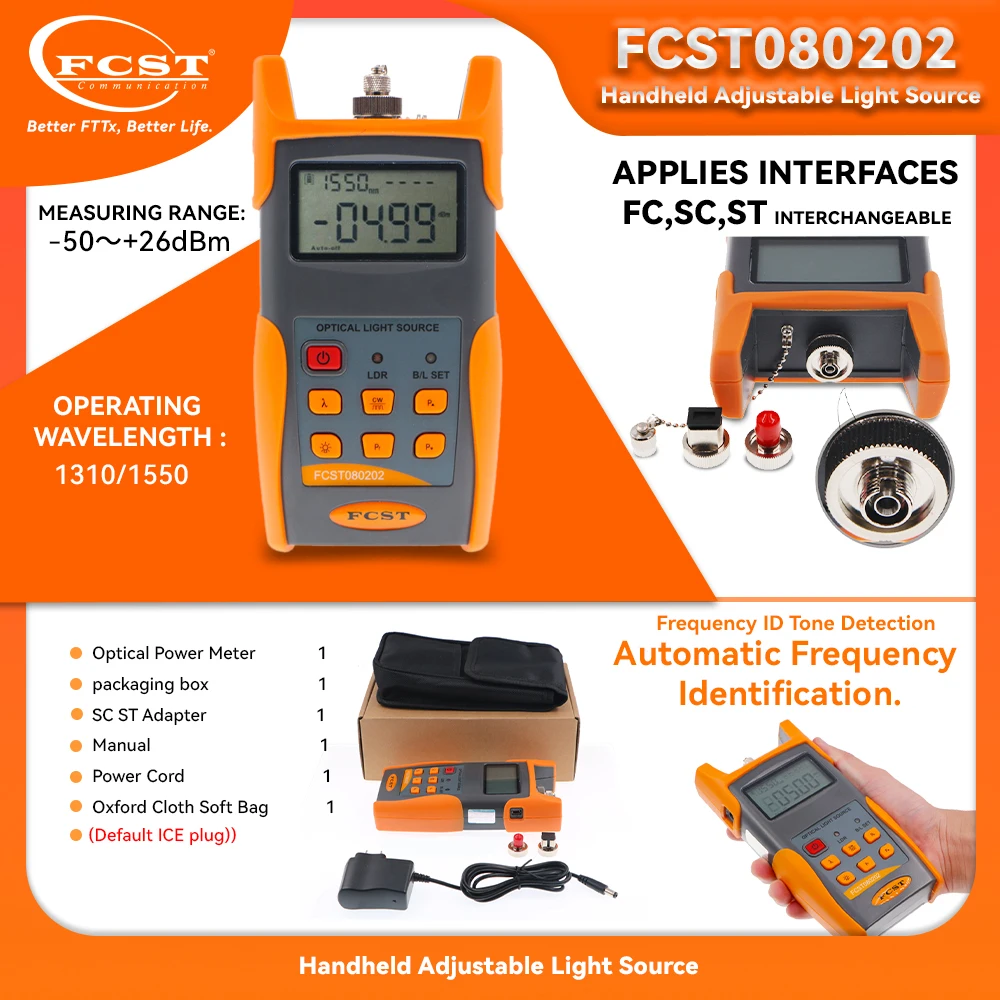 

FCST FTTH FHHx FTTB Network Testing And Maintenance For FC SC ST Fiber Optical Light Source SM MM Handheld Adjustable -5~-12dB