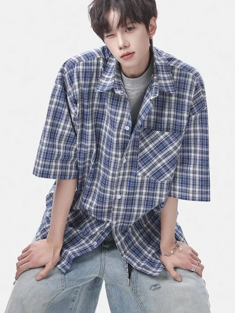 Versatile Fashion Checkered Shirts Men's Casual Loose Half Sleeve Cardigan Shirt Coat 2026 Summer New 2QKXQ