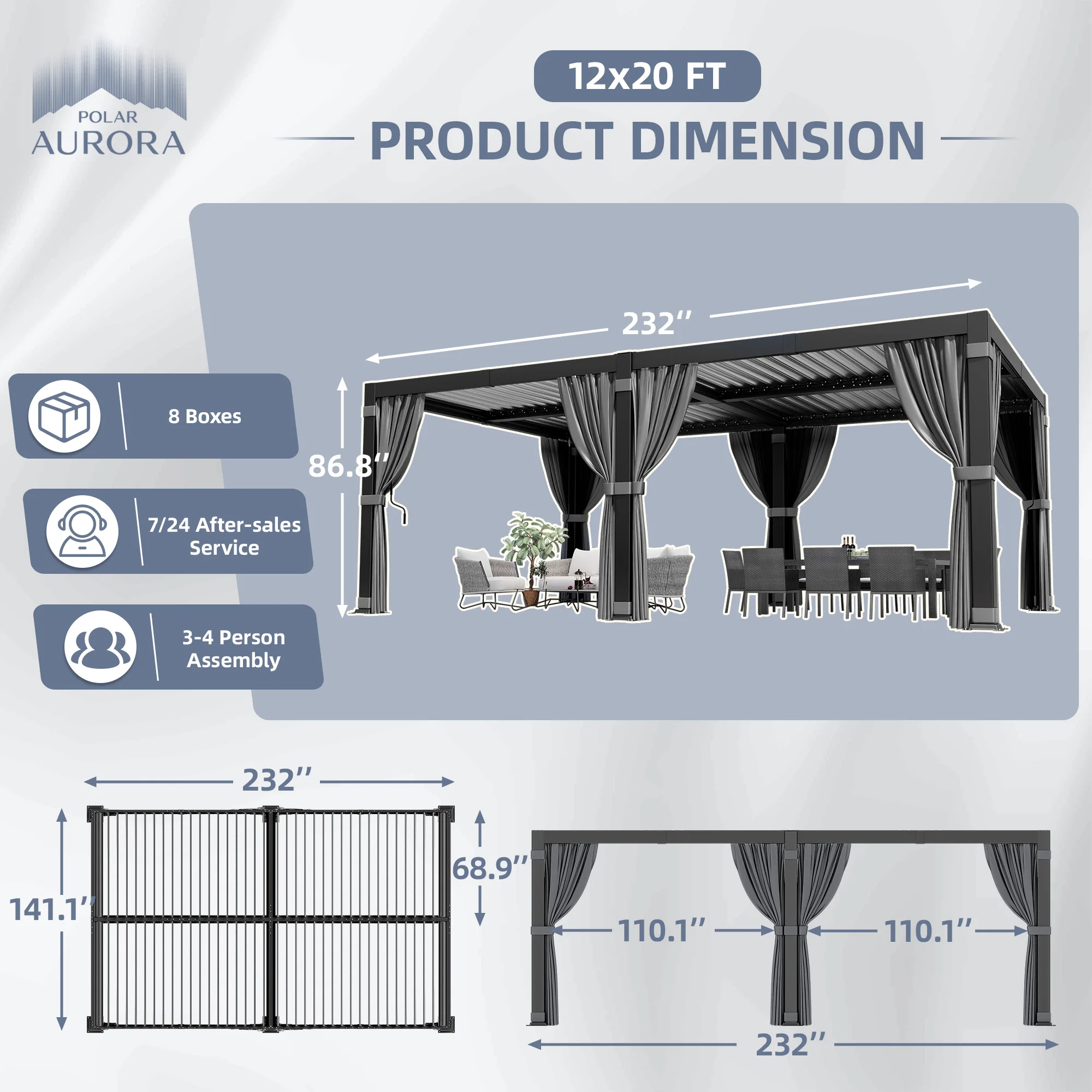 Polar Aurora 12x20FT Louvered Pergola, Waterproof Roof All Weather Rust-Resistant Gazebo for Backyard Patio