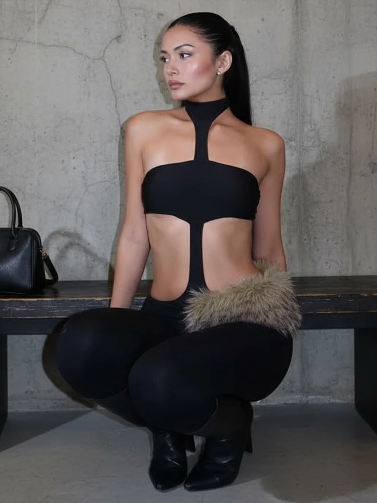 

Kliou Sexy Hollow Design Junpsuits Woman Halter Off Shoulder Waistless Backless Furry Patchwork Skinny Peach Buttocks Overalls