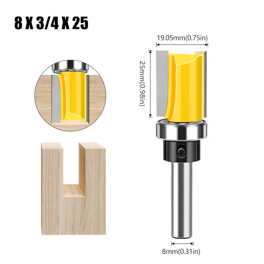 3/4" Straight Bit with Bearing Hinge Flush Trim Router Bit for Wood 8mm Shank Mortising Template Pattern Bitting Trimmer Cutter
