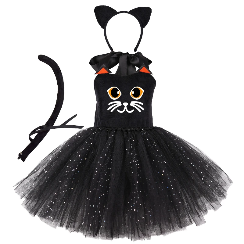 

New Playful and Cute Girls' Halloween Cat Dress Children's Cat Costume Set Dress-Up Outfit for Parties and Stage Performances