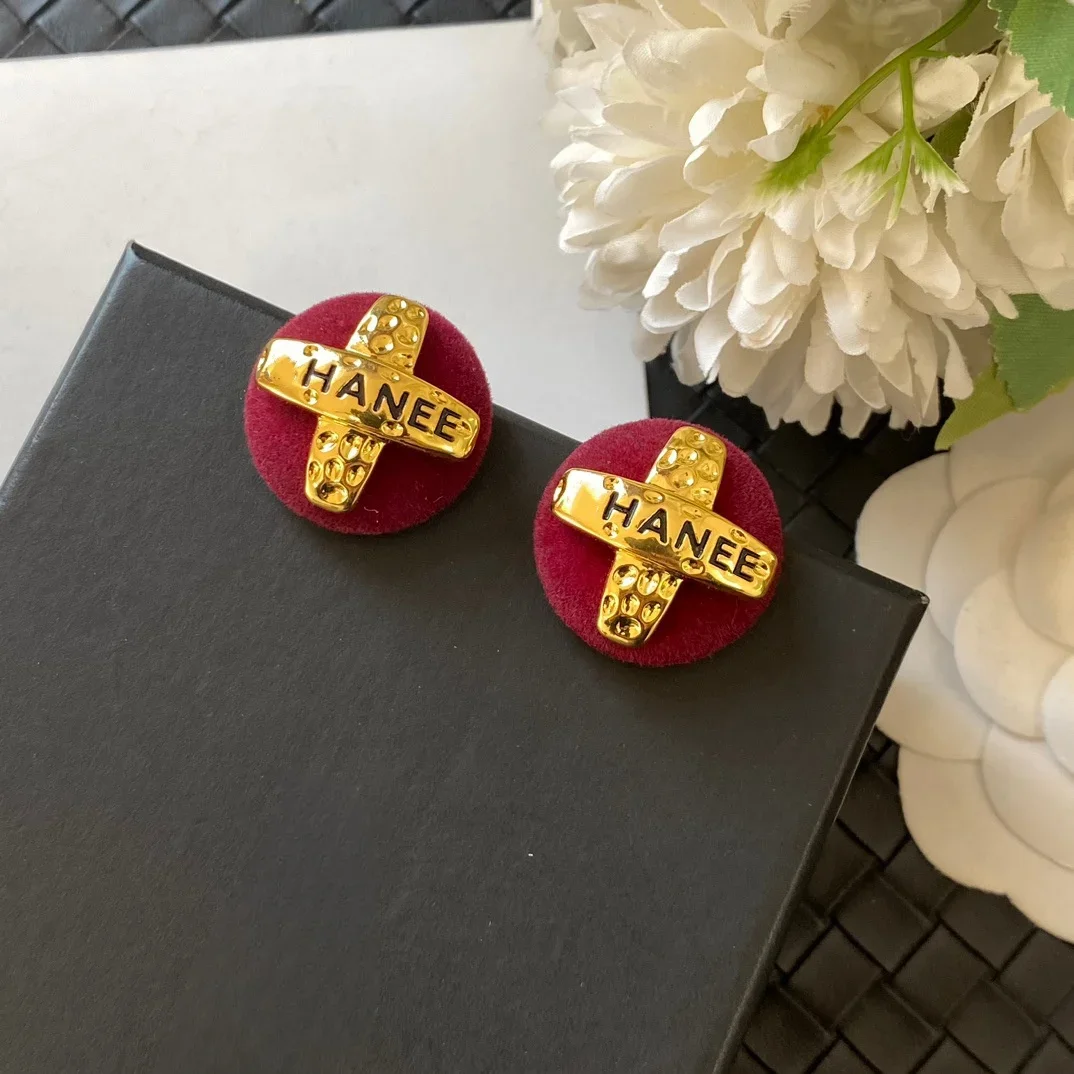 Burgundy velvet earrings Vintage round earrings