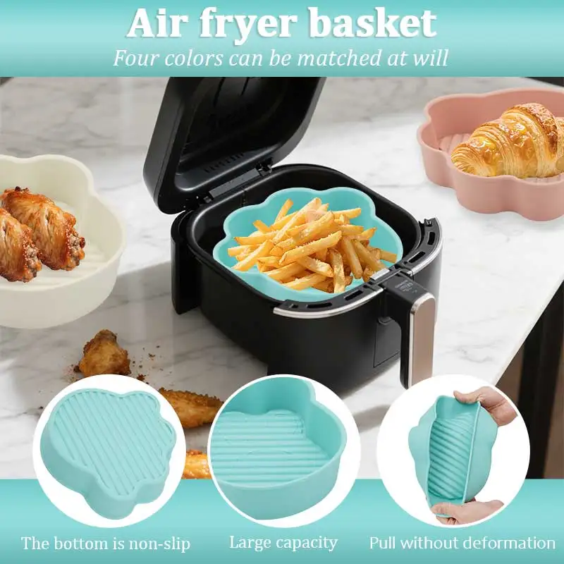 1 pc silicone air fryer basket with lid nonstick baking tray with raised oildraining grooves Reusable