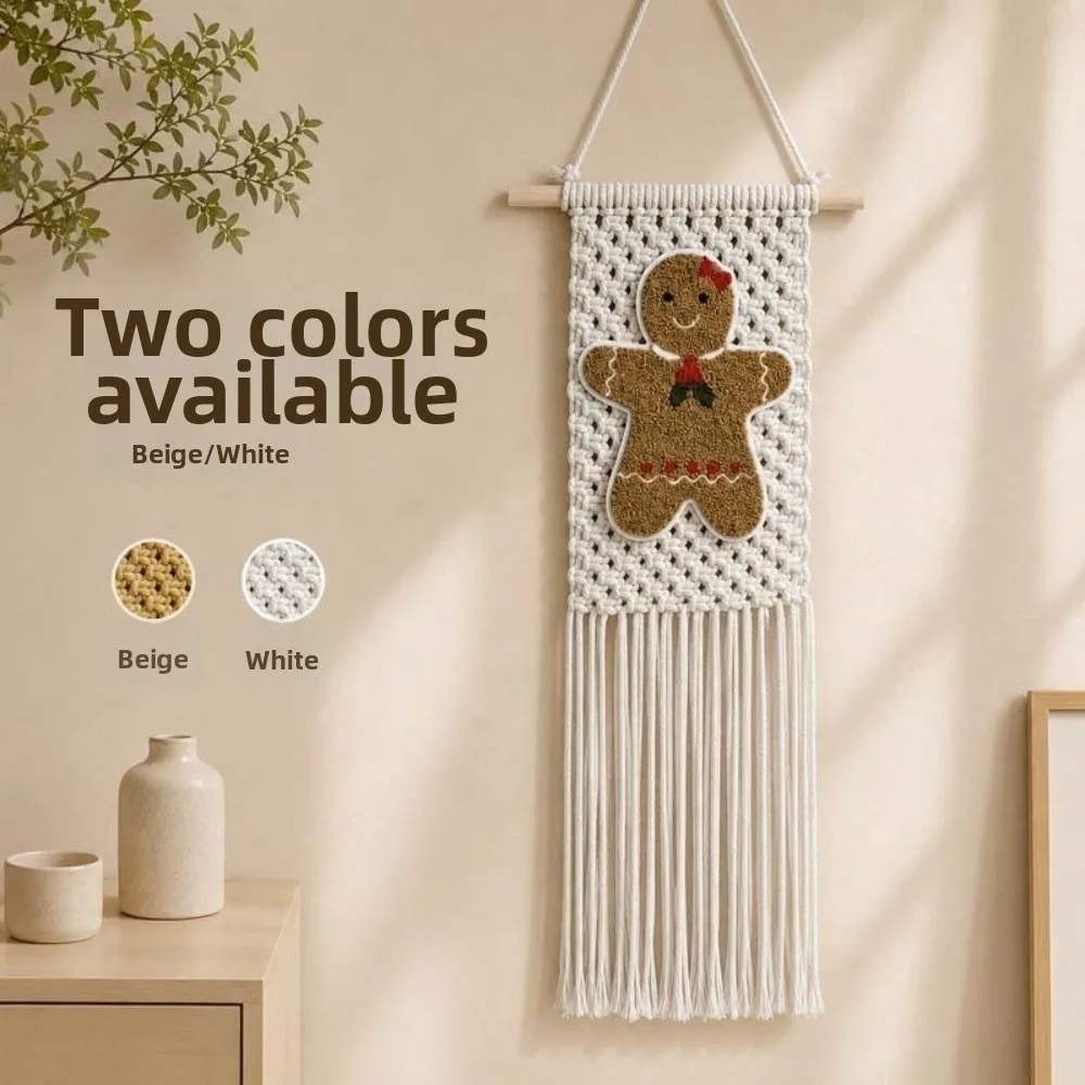 25x60cm Gingerbread Man Wall Hanging Handmade Woven Rustic Style Christmas Wall Tapestry Tassel Fringe Gingerbread Pattern