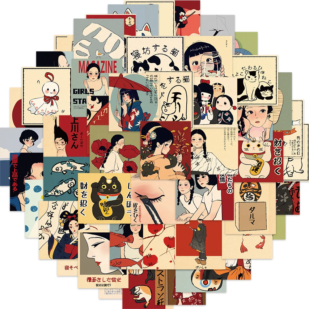 

50 шт. мультяшных ретро-аниме стикеров в стиле граффити, эстетичные наклейки для багажа, гитары, ноутбука, декоративный набор стикеров, милые наклейки для девочек, подарок