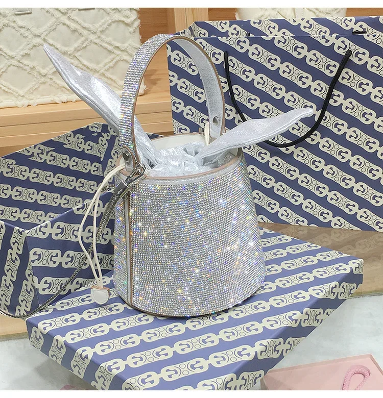 Premium Mini Rhinestone Bag, Women's Chain Crossbody Bucket Bag,  New Fashionable Portable Dinner Bag Mobilephone Bag