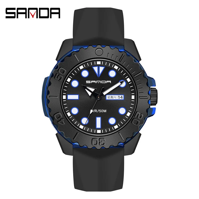 SANDA 3118 Men\'s Quartz Watch Sports Outdoors Waterproof Date with Silicone Strap Wristwatches for Male Watches Gift