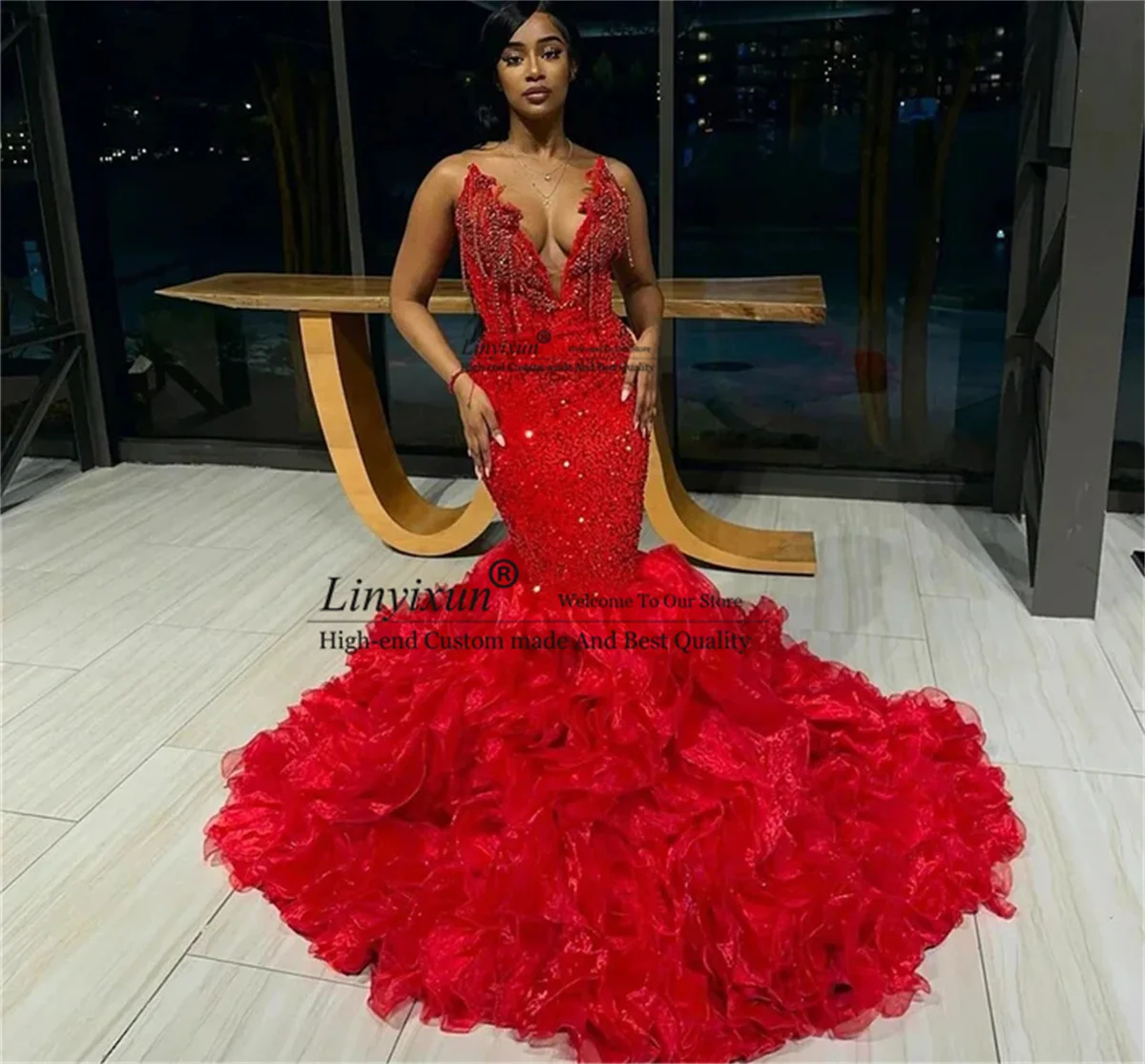 Luxury Crystal Tassels Red Prom Dresses Black Girls Baddie Evening Gowns For Birthday African Sweetheart vestidos de gala