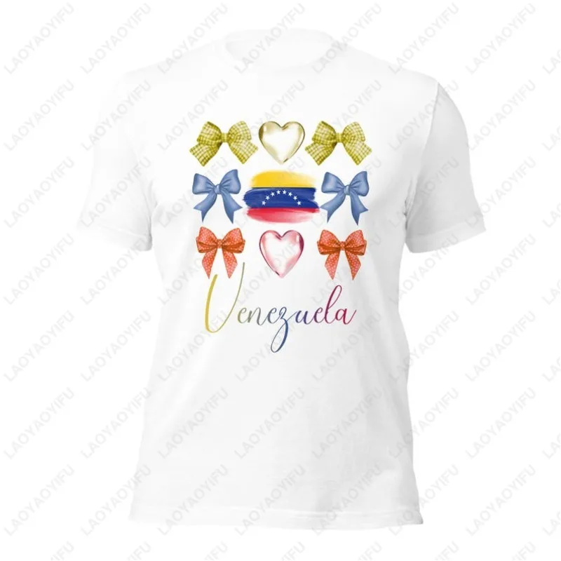 Venezuela Bow Flag Souvenirs Cotton Tops Native Country Women Men Girls Clothing Hispanic Heritage Month Hearts Present Tshirt