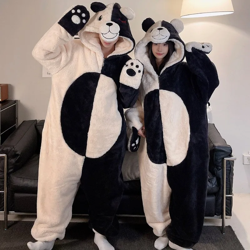 Lovely Cartoon Black and White Bear Couple Pajamas Hooded Cosplay Adult Onesie Pyjama Coral Warm Thick Homewear Unisex Sleepwear