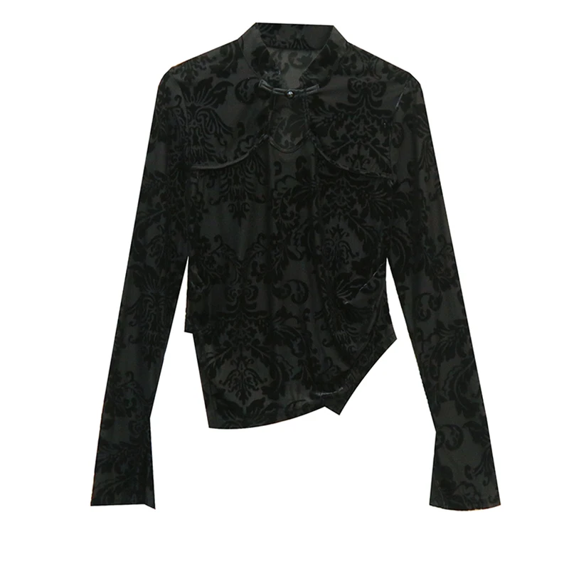 2024, nuovo, vintage, vestiti, autunno, inverno, t-shirt, sexy, supporto, patchwork, scavato, tessuto jacquard, donna, top, manica lunga, magliette, 410105