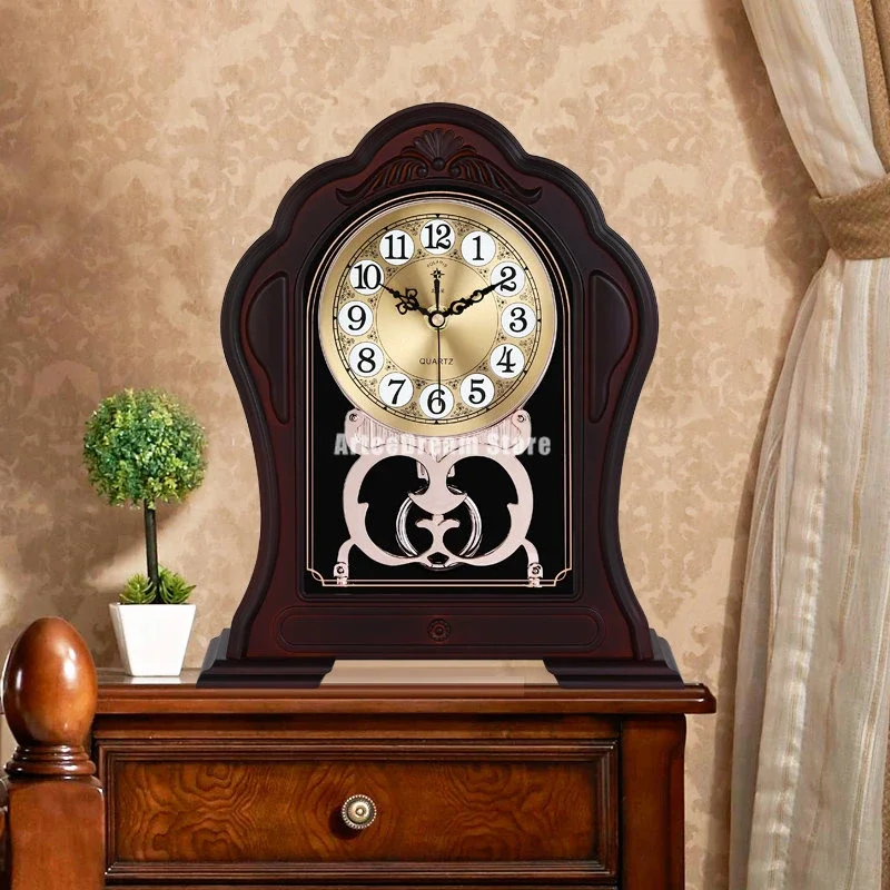 Creative Living Room Household Imitation Solid Wood Clock Desk Clock Bedroom Quiet Seat Type Personality Table Clock Decoration