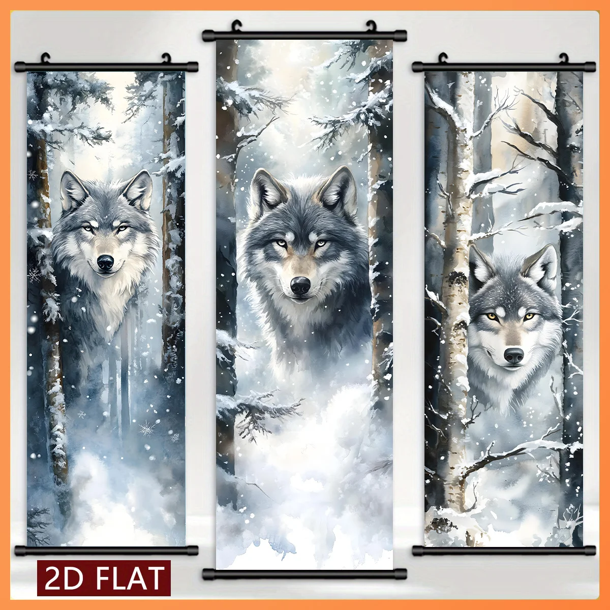 VIKAMA Watercolor Winter Wolf Triptych Wall Scroll Poster Gray Snowy Forest Wildlife Ink Wash Canvas Art Print Home Aesthetic