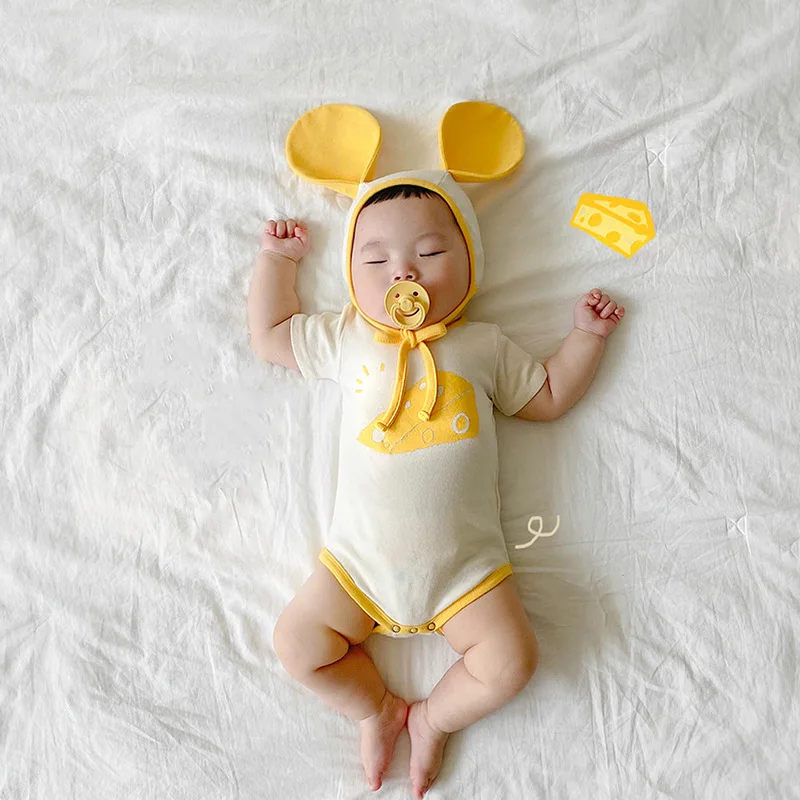 korean-baby-clothes-romper-for-boy-girls-funny-mouse-cheese-cotton-short-sleeve-bodysuit-cartoon-cute-infant-jumpsuit-with-hat