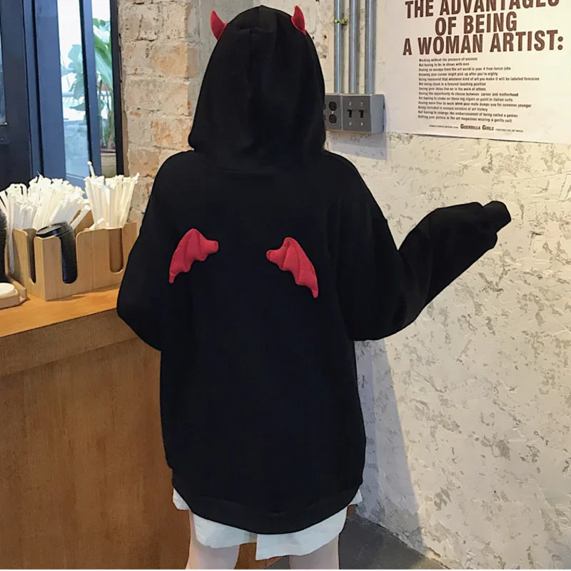 Harajuku Hoodies Girl Little Devil Horns Gothic Hooded Sweatshirts Women Demon Fly Wings Loose Pullovers Pocket Tops Streetwear