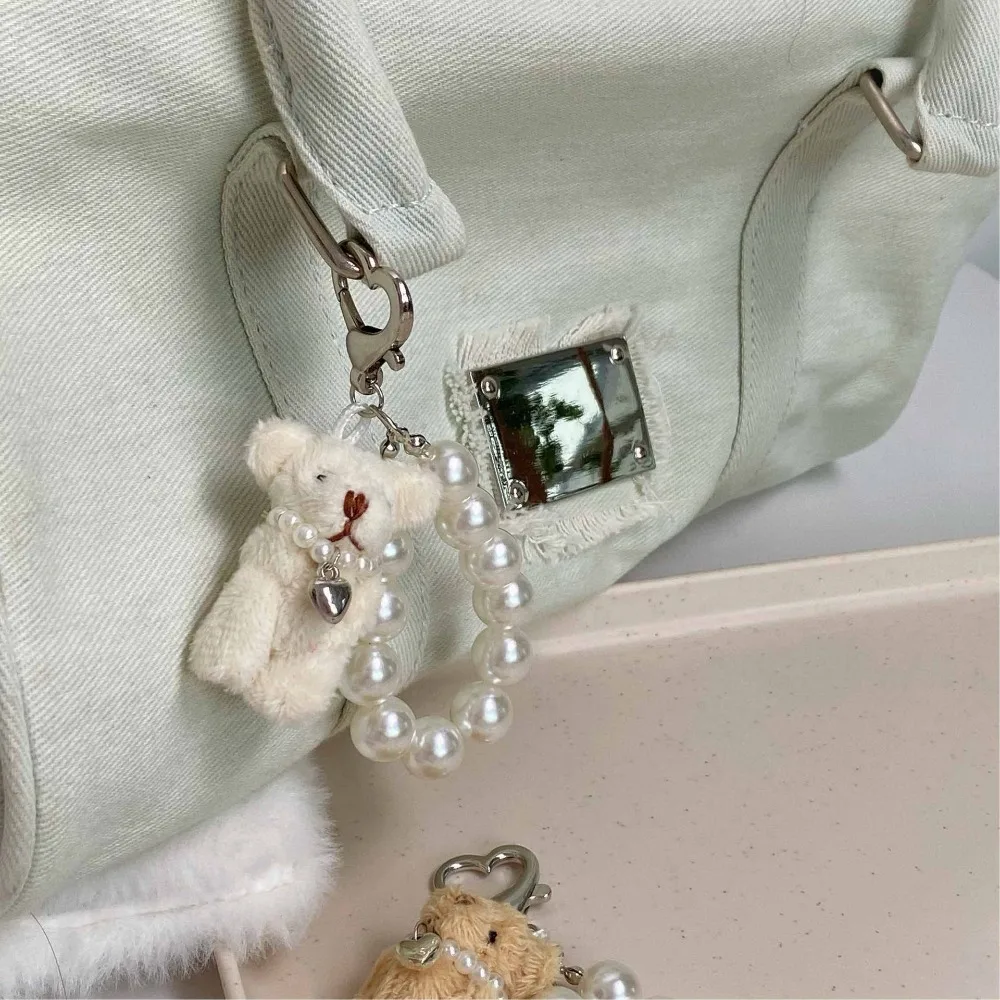 Nette Imitation Perle Plüsch Teddybär Handy Kette Hängen Ornament Handtasche Anhänger Puppe Anhänger Geschenk Schlüsselbund Frauen Mädchen