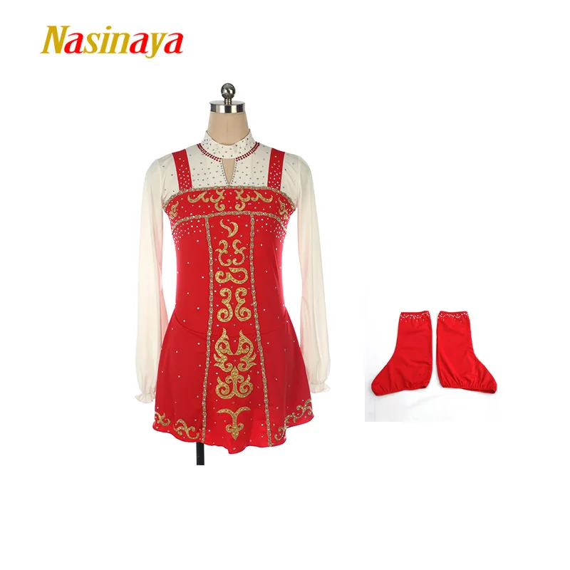 

customized figure skating skirt performance jumpsuit skating dress Kosten women's competition dress long sleeved with shoe cover