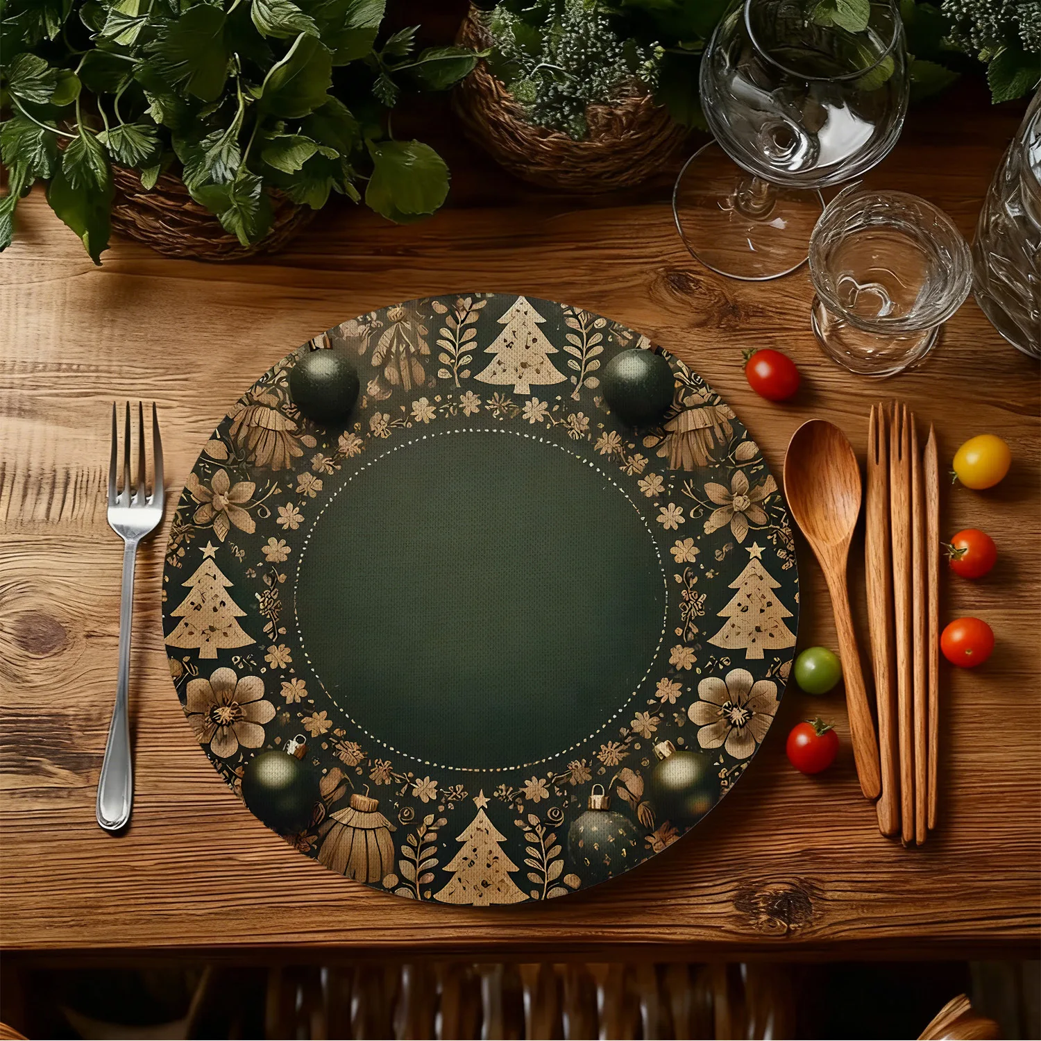 VIKAMA vintage deep green christmas tree round placemat 15 inch 38cm dining table mat non slip waterproof heat resistant