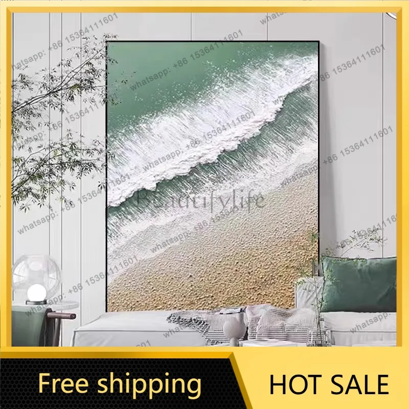 LJY Cream Wind Hand Painted Oil Painting Ocean Waves Living Room Sofa Back Decoration Painting