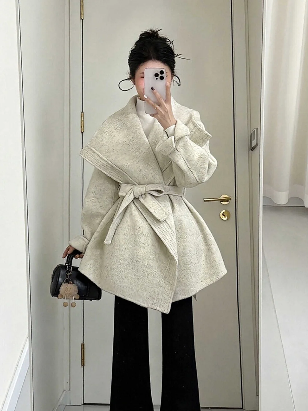 

plus Size Women's Woolen Coat Casual Sle Turn-down Collar Waist-cinching Slimming Top Spring Autumn New Faion