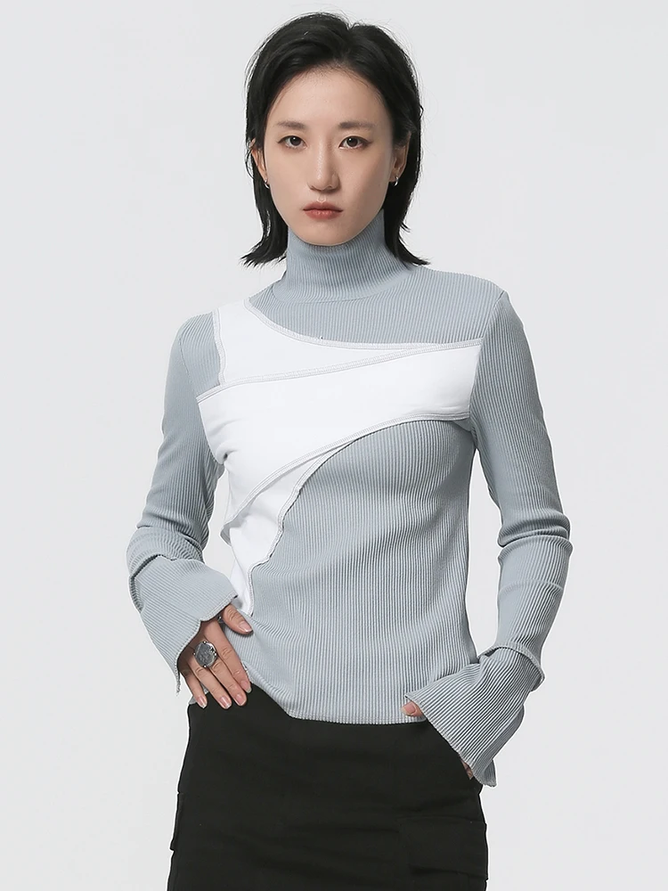 [EAM] Women Beige Color-block Irregular Slim T-shirt New Turtleneck Long Sleeve Fashion Tide Spring Autumn 2024  1DH2079