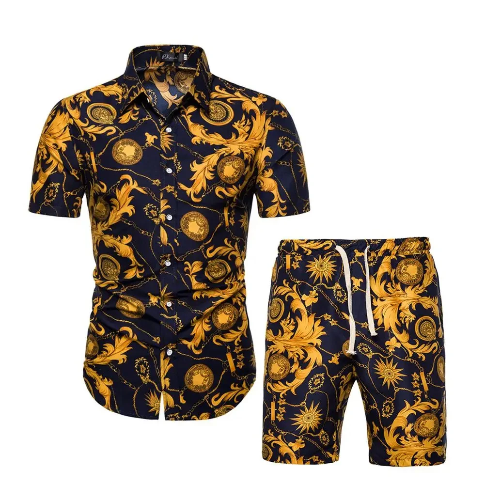 Hawaii Men Sets Print Lapel 3D leaf print Short Sleeve Casual Shirt Beach Shorts Oversized 2Pcs set Vacation Hawaiian Man Suits