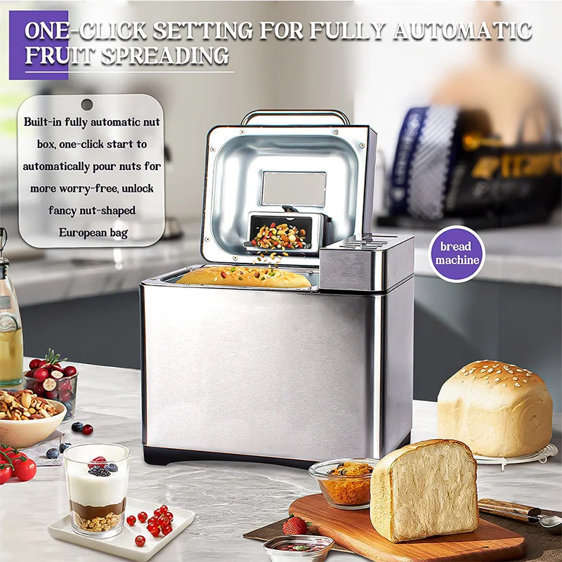 Household Stainless Steel Bread Maker Full Auto Intelligent Dough Fermentation Reservation 19in1 Lcd Toast Machine With a Window